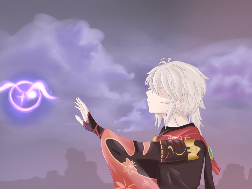 Kazuha (from Genshin Impact) reaching out to an Electro seelie